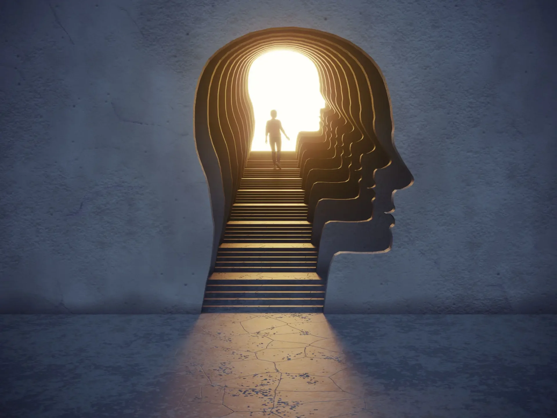 Person walking up staircase through layered head silhouettes