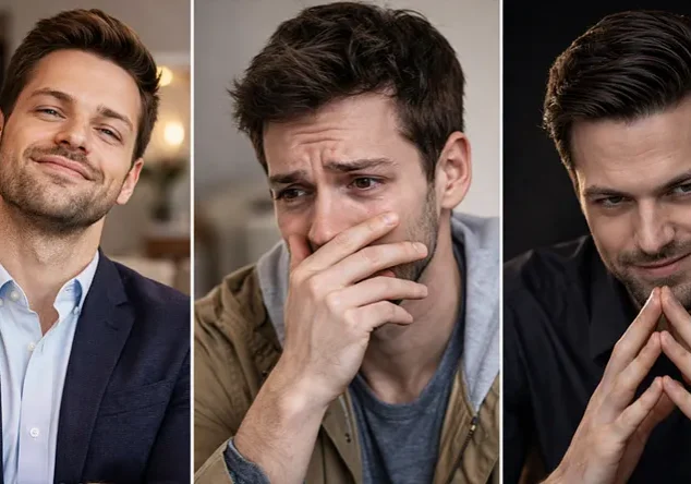 Three portraits of a man showing different emotions