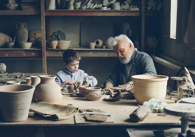 Elderly man teaching child pottery in workshop