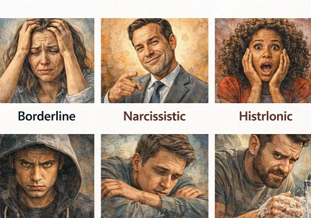 Grid of six expressive portraits labeled personality types