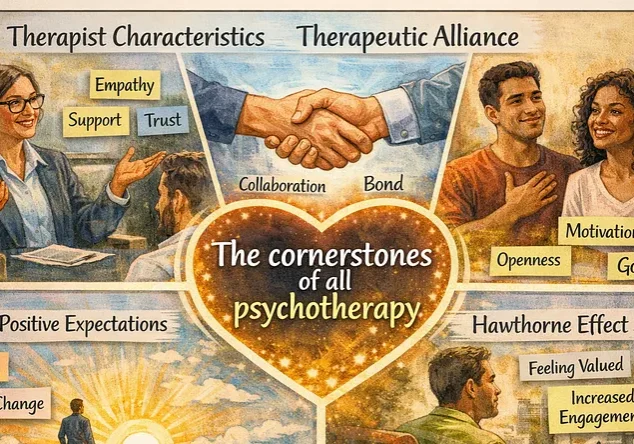Illustrated infographic of psychotherapy cornerstones