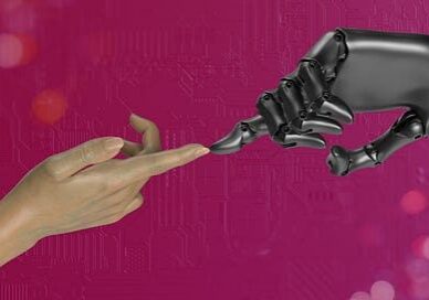 Human hand touching robotic hand over circuit background